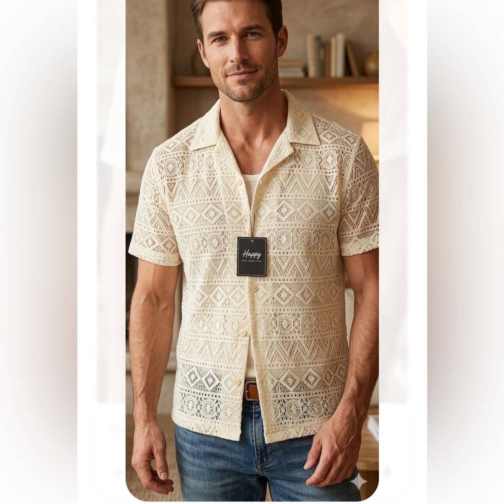 Men's Cream Lace Button Down Shirt